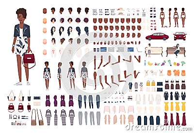 Stylish African American woman constructor. Trendy girl creation set. Various postures, hairstyle, face, legs, hands Vector Illustration