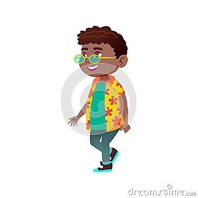 stylish african boy in sunglasses walking on beach cartoon vector Vector Illustration