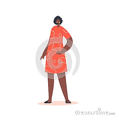 Stylish African Woman Wearing Fashion Outfits Red Dress with Abstract Pattern and Accessories with Slippers Vector Illustration