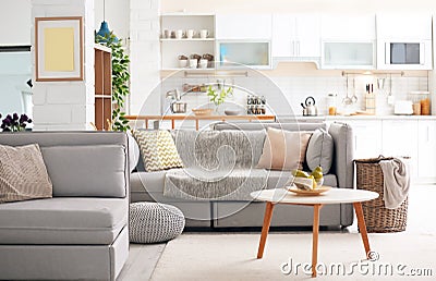 Stylish apartment interior with modern kitchen Stock Photo