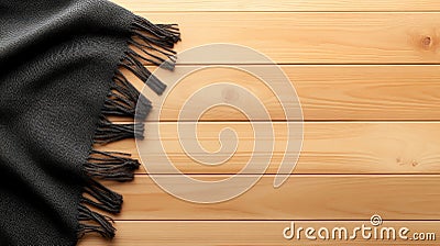 A stylish arrangement of a black and gray blanket with fringes lies flat on a wooden background, showcasing its texture Stock Photo