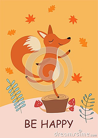 Stylish autumn card or banner with a cute fox. Funny vector illustration with text. Cartoon Illustration