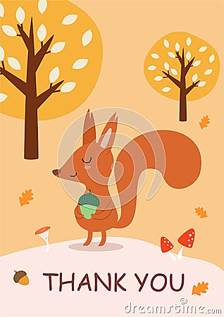 Stylish autumn card or banner with a cute squirrel. Funny vector illustration with text. Cartoon Illustration