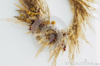 Stylish autumn rustic wreath isolated on white, details close up. Creative boho wreath with dried pampas grass, wildflowers, wheat Stock Photo