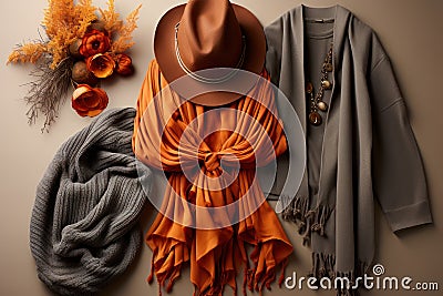 Stylish autumn women's outfit. clothes and accessories in a warm autumn palette Stock Photo
