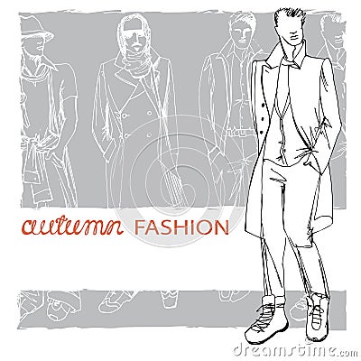 Stylish autumnal dude on grunge background.Fashion Vector Illustration