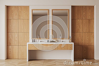 Stylish bathroom interior with double sink and bathing accessories Stock Photo