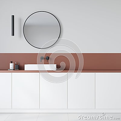 Stylish bathroom interior with a wash basin round mirror and a chandelier Cartoon Illustration