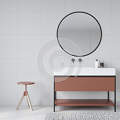 Stylish bathroom interior with a washstand, a round mirror and stool Cartoon Illustration