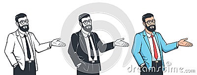 Stylish bearded man in glasses and suit invites gesture Vector Illustration