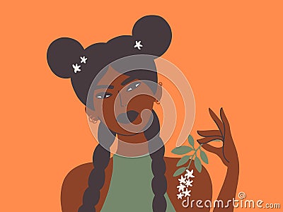 Vector illustration of portrait of stylish beautiful African American woman with flower Vector Illustration