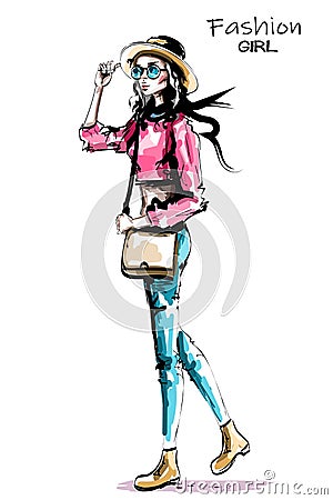 Stylish beautiful fashion woman walking. Fashion look. Hand drawn woman in hat and sunglasses. Vector Illustration