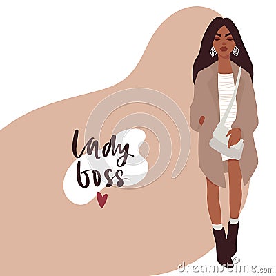 Stylish Beautiful girl in fashion clothes with bag. Businesswoman Vector Illustration