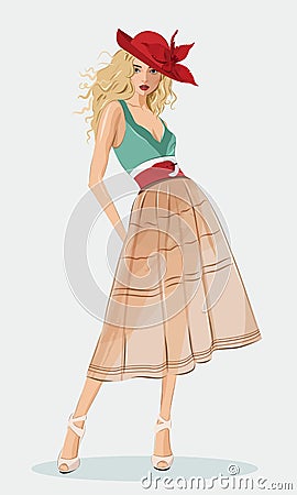 Stylish beautiful girl wearing fashion clothes and red hat. Detailed cute graphic woman. Fashion illustration. Vector Illustration