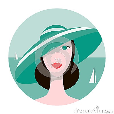 Stylish beautiful model for fashion design. Art deco graphic illustration. Portrait of pretty girl on sea. Vector Illustration