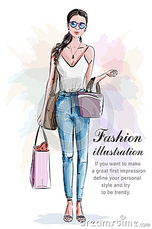 Stylish beautiful woman with shopping bags. Sketch. Hand drawn girl in fashion clothes. Vector Illustration