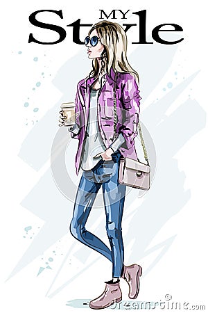 Stylish beautiful young woman with coffee mug. Hand drawn fashion woman. Cute girl with blond hair. Vector Illustration