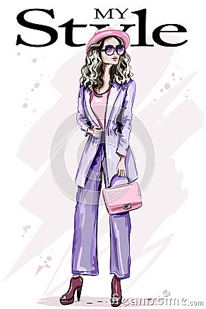 Stylish beautiful young woman in hat. Fashion woman in sunglasses. Cute lady in fashion clothes. Stylish outfit. Sketch. Vector Illustration