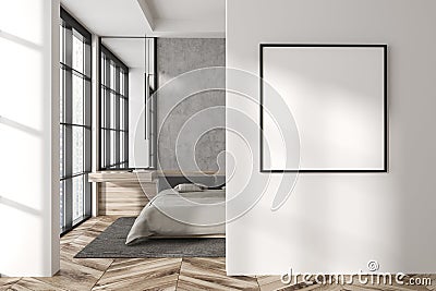 Stylish bedroom interior with bed and dresser, panoramic window. Mockup frame Stock Photo