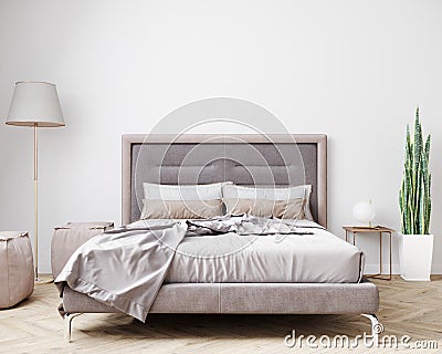 Stylish bedroom interior in light colors. 3d rendering Stock Photo