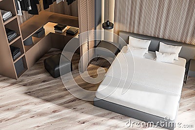 Stylish bedroom interior with white bedding of king size bed in fashionable. 3d render. Wardrobe. Top view Stock Photo