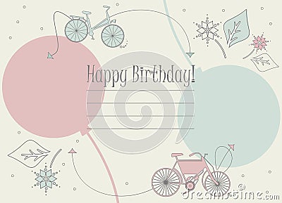 Stylish Birthday card with bicycles, balloons and flowers Vector Illustration