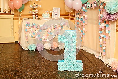 Stylish Birthday decorations for little girl on her first birthday Stock Photo