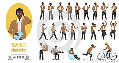 Stylish black african american man teacher poses set Vector Illustration