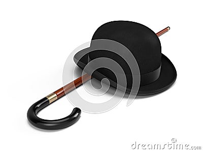 Stylish Black bowler hat and walking stick on a white background Stock Photo