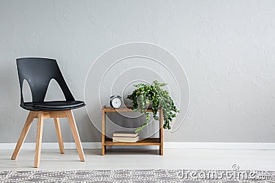 Stylish black chair next to shelf with two books, clock and green plant in pot Stock Photo