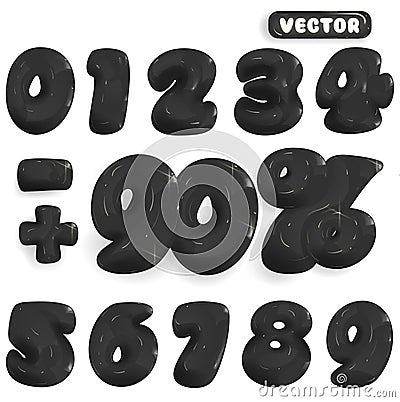 Stylish black glossy inflated volumetric numbers. Zero 0 One 1 One 1 Two 2 Two 2 Three 3 Three 3 Four 4 Four 4 Five 5 Six 6 Seven Vector Illustration