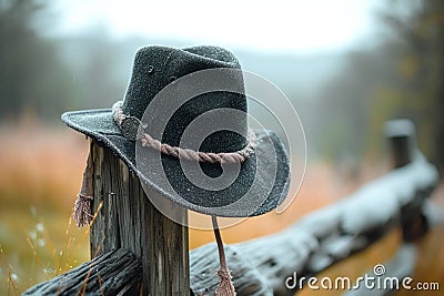 A stylish black hat adds flair to a rustic fence Stock Photo
