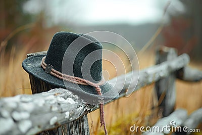A stylish black hat adds flair to a rustic fence Stock Photo