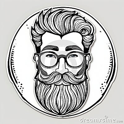 Stylish black outline beard man sticker on a clean white backdrop Cartoon Illustration