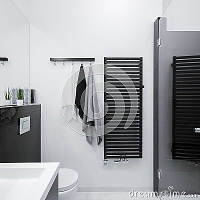 Stylish black radiator in bathroom Stock Photo
