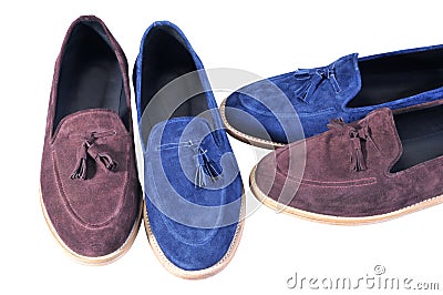 Stylish blue and beige, two pairs shoes isolated on white background. Handmade Shoes Stock Photo