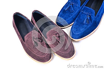Stylish blue and beige, two pairs shoes isolated on white background. Handmade Shoes Stock Photo