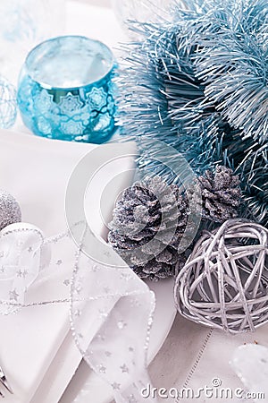 Stylish blue and silver Christmas table setting Stock Photo