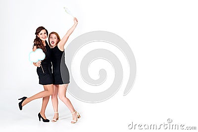 Stylish bridesmaids having fun. Cheerful happy girls holding speech bubbles celebrating a bachelorette party of bride Stock Photo