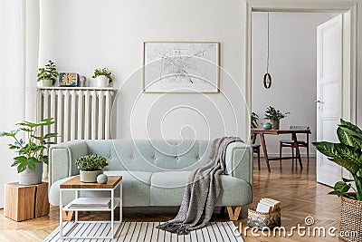 Stylish, bright, Scandinavian living room and dining room. Stock Photo