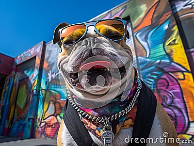 A stylish bulldog poses confidently before vibrant urban graffiti, embodying the essence of street style Stock Photo