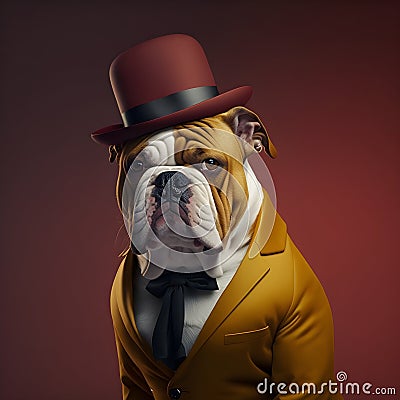 Stylish bulldog in red hat and costume, studio portrait Stock Photo