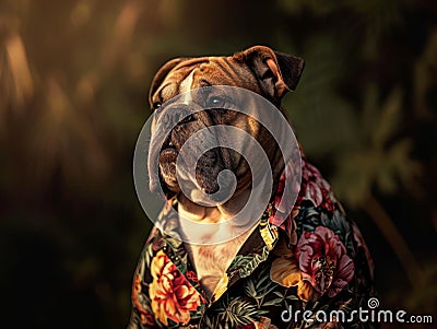 Stylish bulldog wearing a floral shirt posing in nature Stock Photo