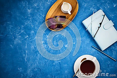 Stylish business flatlay mockup with cup of black tea, planner with glasses and pen, milk holder Stock Photo