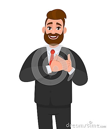 Stylish businessman smiling with hands on chest and grateful gesture. Trendy young hipster person has friendly expression. Vector Illustration