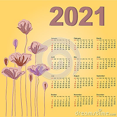 Stylish calendar with flowers for 2021 Week starts on Sunday Vector Illustration