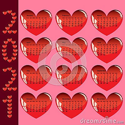 Stylish calendar with red hearts for 2021 Vector Illustration