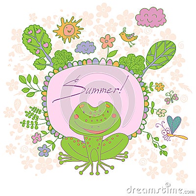 Stylish cartoon card made of cute flowers, doodled frog Vector Illustration