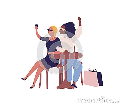 Stylish cartoon diverse woman posing taking selfie at cafe vector flat illustration. Joyful female friend sit at table Vector Illustration