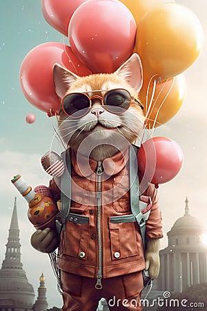 Stylish Cat in Coral Glasses and Clothes Holding a Bunch of Balloons. Generative ai Cartoon Illustration